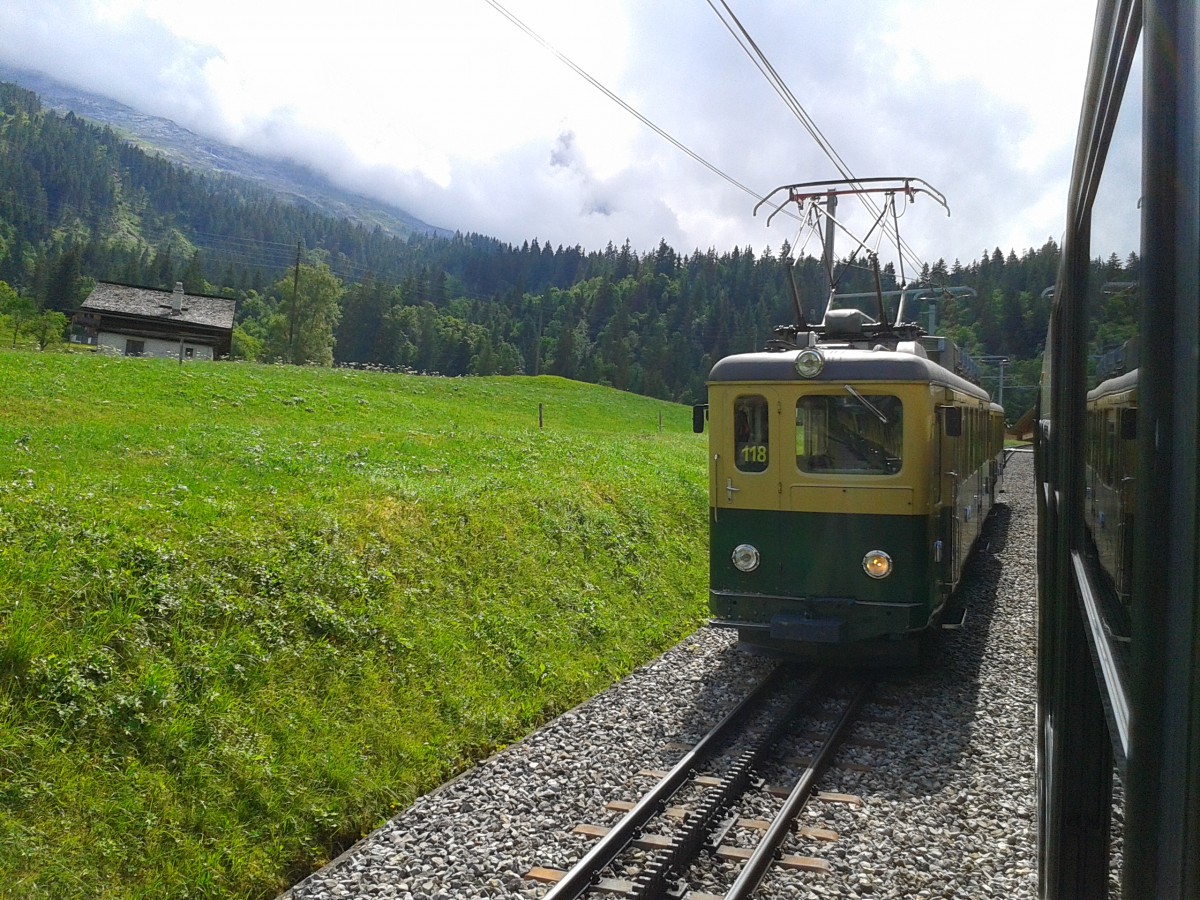 Kreuzung des Pano 143 mit dem bergwärtsfahrenden BDeh 4/4 118. Aufgenommen am 23.7.2015 zwischen Brandegg und Grindelwald Grund.