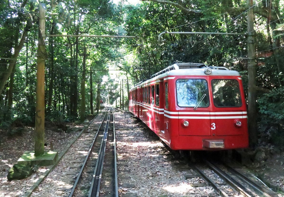 Kreuzung mit dem Gegenzug bei der Fahrt in Rio de Janeiro auf den Corcovado im Gr�nen. Rio de Janeiro, 11.7.2015