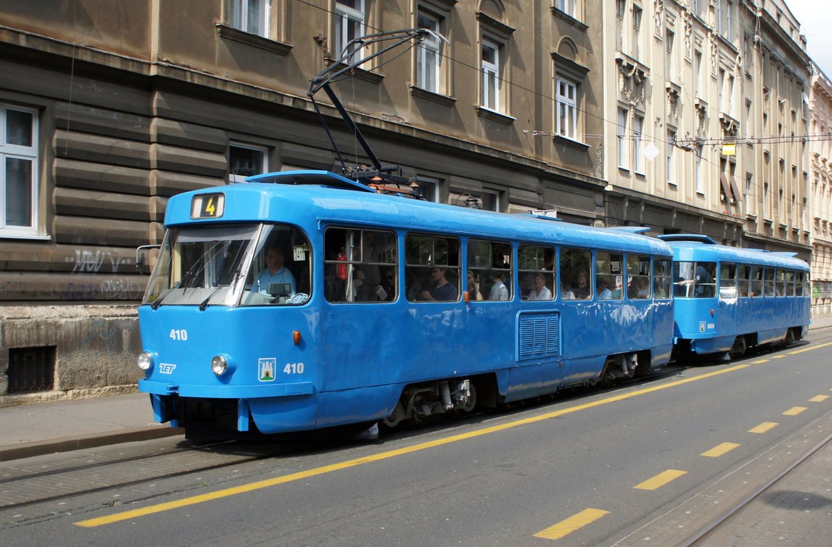 Kroatien / Straßenbahn Zagreb / Tramvaj Zagreb / Zagrebački Električni Tramvaj (ZET): Tatra T4YU - Wagen 410, aufgenommen im Juni 2018 in der Nähe der Haltestelle  Vodnikova  im Stadtgebiet von Zagreb.