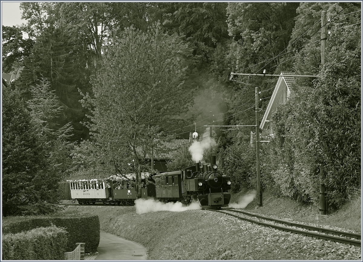 Kurz nach der Abfahrt in Blonay muss die Blonay-Chamby G 2x 2/2 105 mit mächtig Dampf ihren Zug in Fahrt halten, geht es hier doch beträchtlich bergauf. 

20. Sept. 2020