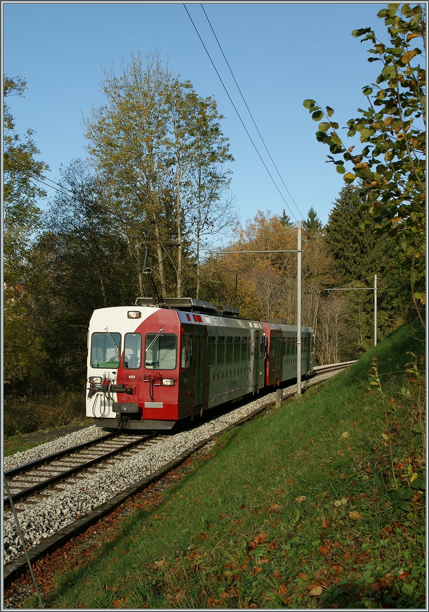 Kurz nach Châtel St-Denis ist der TPF Be 4/4 123 mit dem Bt 221 erneut auf dem Weg nach Palézieux. 

30. Oktober 2013