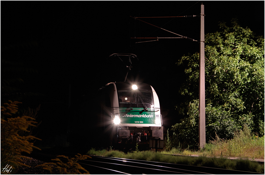Kurz nach Mitternacht erreichte am 17.08.12 die 1216.960 mit einem Güterzug ihren Zielbahnhof Ebenfurth, und fuhr anschließend auf ihre Parkposition wo sie den Rest der Nacht verbrachte.
