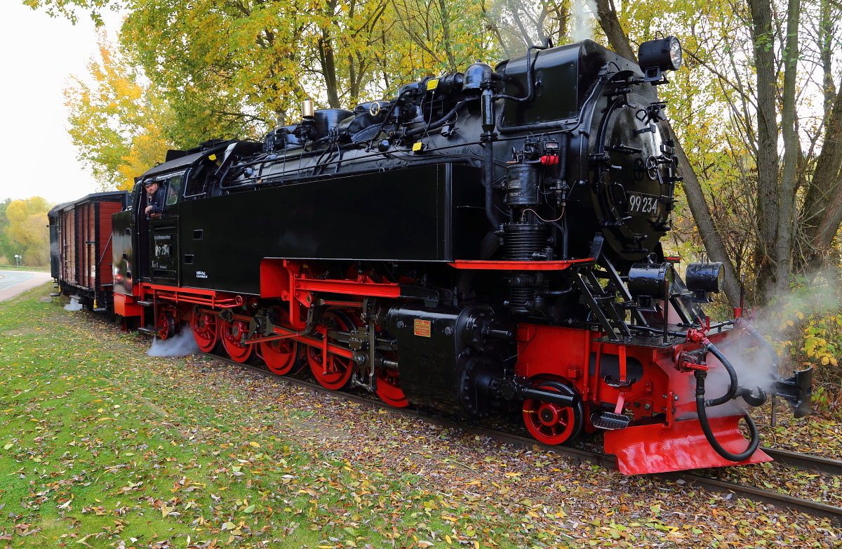 Kurz vor dem Haltepunkt Straßberg steht am 21.10.2018 für 99 234 mit ihrem IG HSB-Sonder-PmG die nächste Scheinanfahrt an. Um die Fotografen aussteigen zu lassen, hat der Zug jetzt gestoppt und wird gleich zurücksetzen.