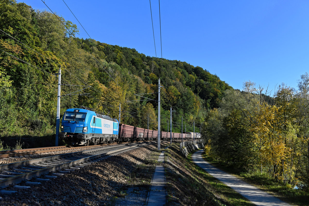 Kurz vor Grenzübertritt nach Deutschland konnte ich am 04. Oktober 2020 bei Ingling die für CargoServ im Einsatz stehende 193 250 mit dem GAG 48962 von Linz Stahlwerke nach Ingolstadt fotografieren. Die Lok wirbt für den Stahlkonzern Voestalpine, der unter anderem Bleche für die Automobilproduktion herstellt.  