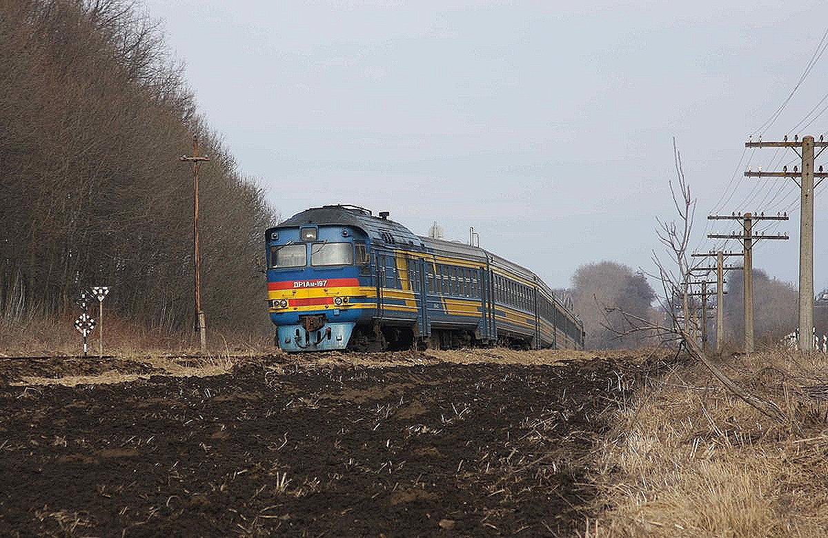 Kurz vor Kolomea begegnete mir am 22.02.2008 der DRA1-197 Triebwagen auf dem Weg von Ivano Frankivsk nach Kolomea.