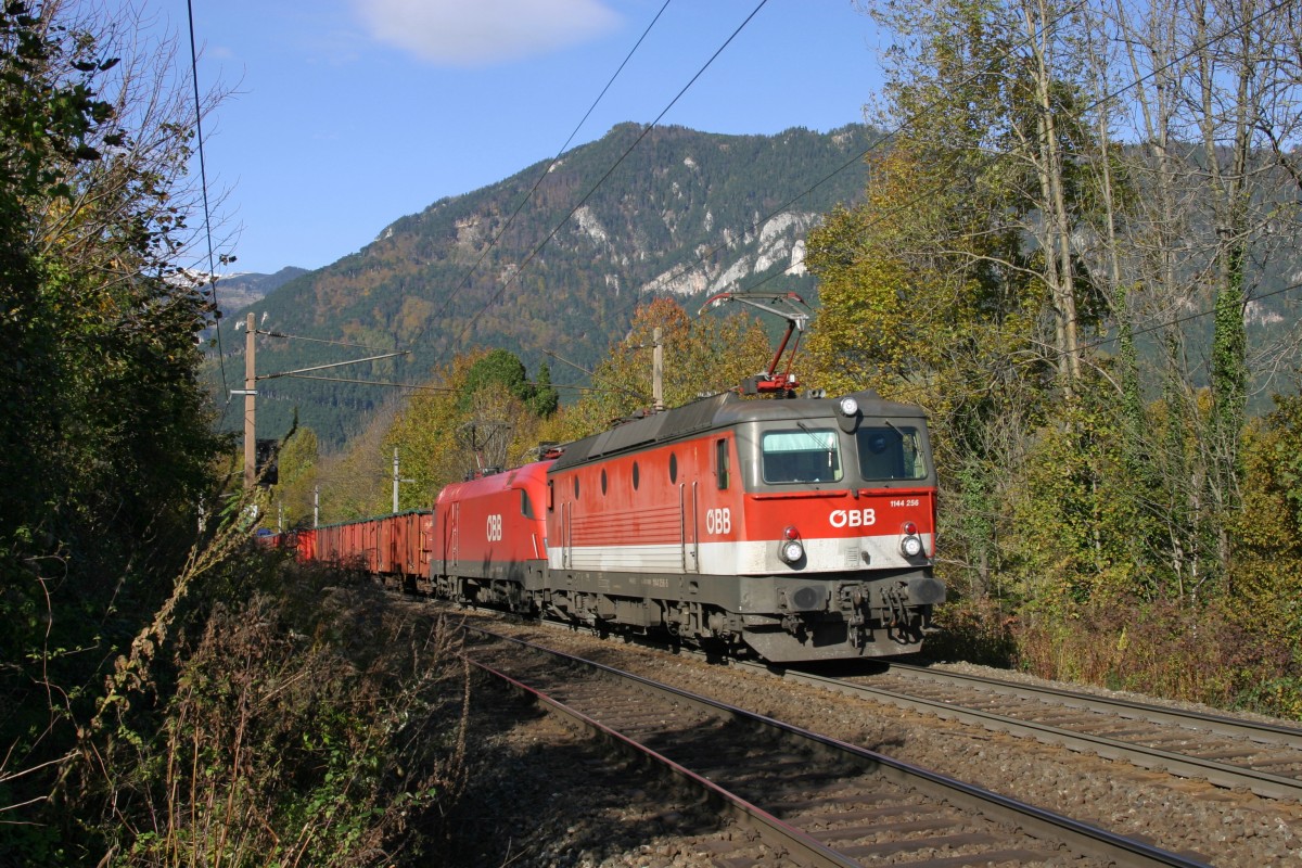 Kurz vor Küb fahren 1144.256+1116 mit G-45334 am 1.11.14 bergwärts.