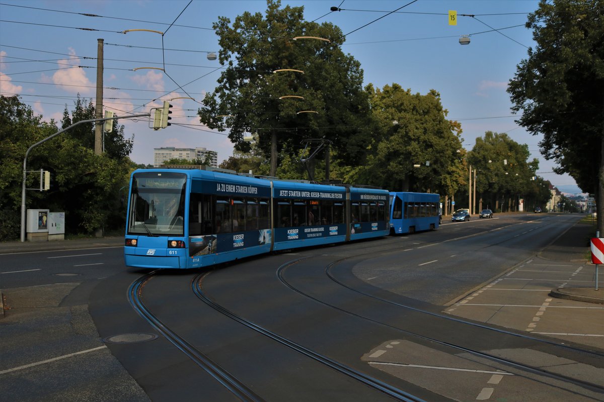 KVG 8NGTW Wagen 611 als Linie 1 am 25.08.19 in Kassel 