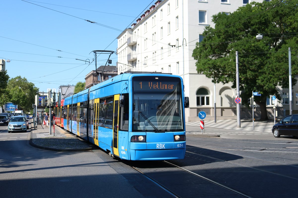 KVG 8NGTW Wagen 634 als Linie 1 am 24.07.19 in Kassel 
