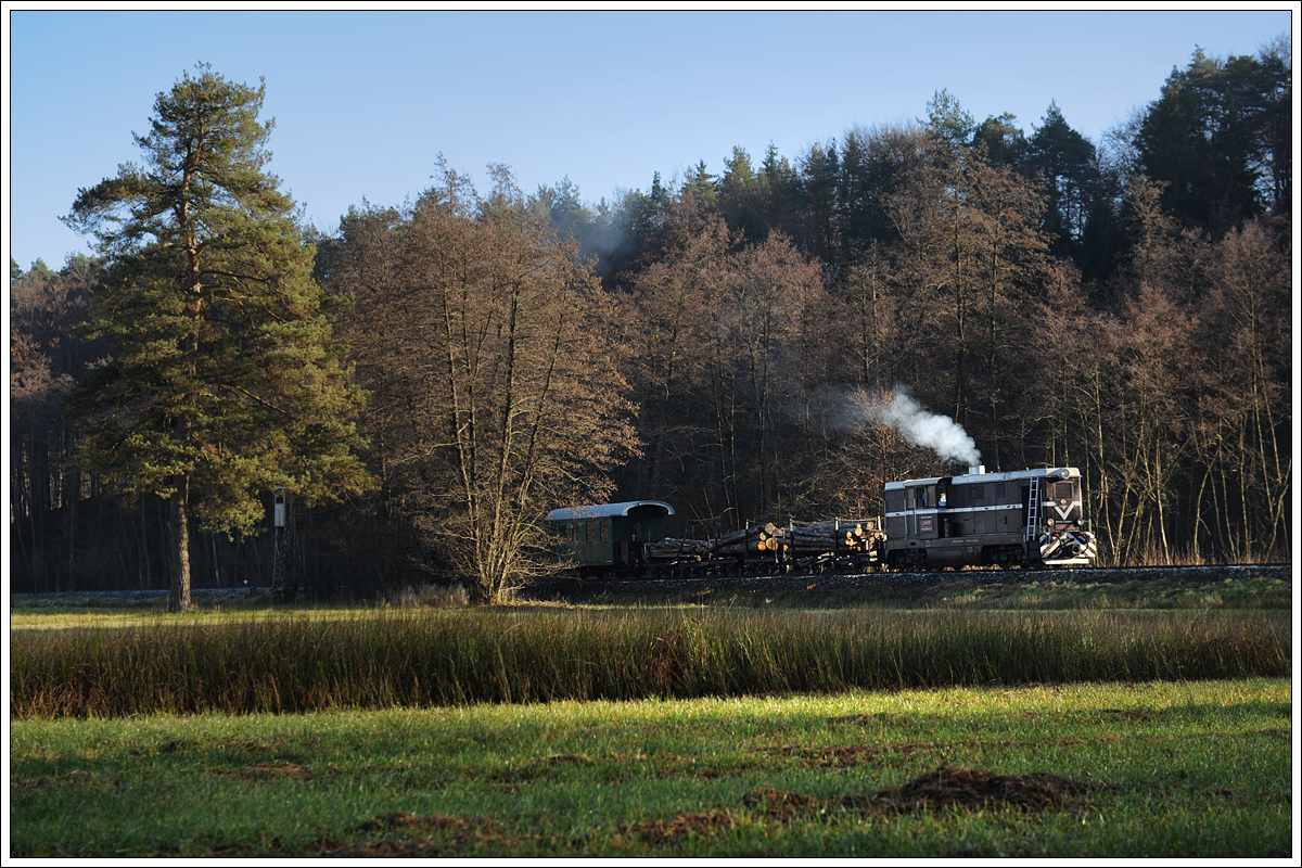 L45H-070 mit ihrem Güterzug am 5.12.2015 im Waldeinschnitt zwischen Preding und Kraubath aufgenommen.