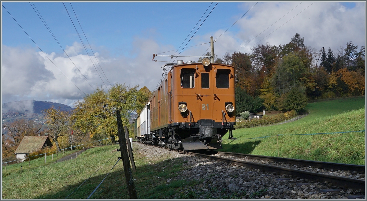  LA DER 2020 du Blonay-Chamby  / Saison Abschluss der Blonay-Chamby Bahn: Mit einem verstärkten Fahrplan und viel Dampf wird vor dem  Winterschlaf  (bzw. Arbeit im DépÔt Chaulin) nochmals viel Betrieb gemacht. 
Am Samstag war auch die faszinierende Bernina Bahn Ge 4/4 81 mit zwei Zugspaaren im Einsatz; wobei ich froh bin, die Lok bei früheren Gelegenheit fotografiert zu haben, da sie sich dieses Mal etwas im Hintergrund hielt; immerhin verdunkelte die Fotowolke  nur  den bunten Herbstwald im Hintergrund und nicht die Lok. 

Bei Chaulin, den 24. Okt. 2020