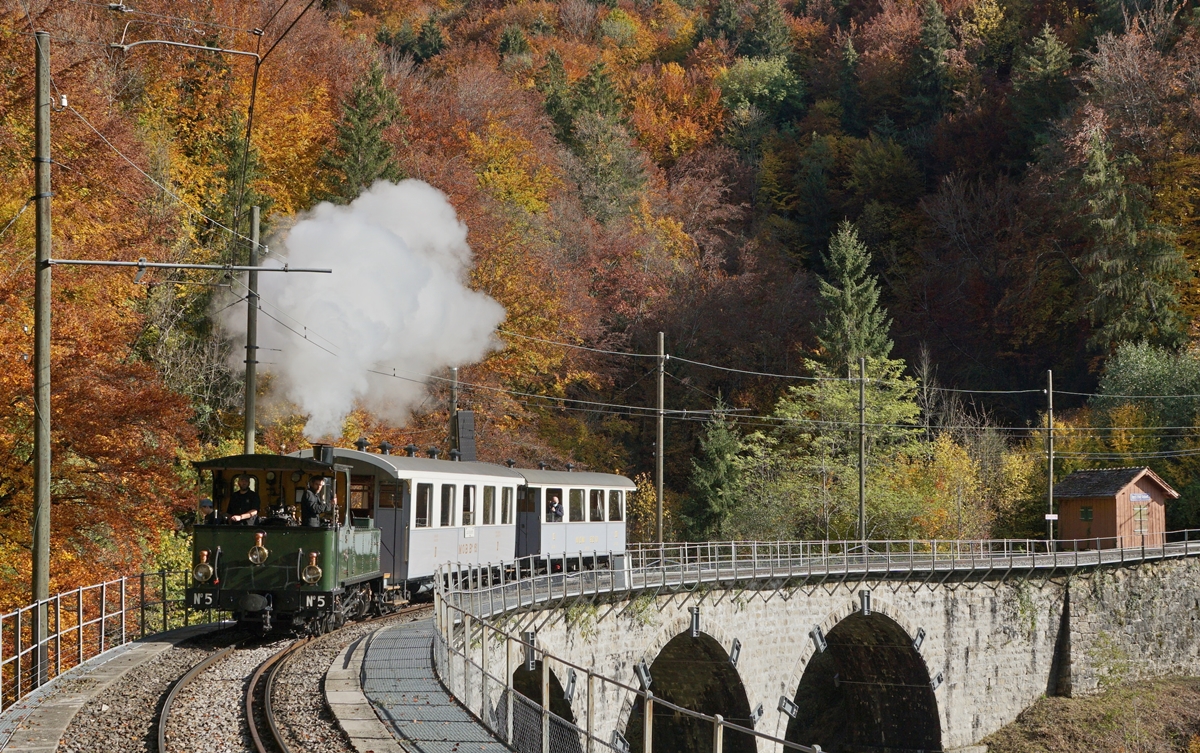  LA DER 2020 du Blonay-Chamby  / Saison Abschluss der Blonay-Chamby Bahn: Mit einem verstärkten Fahrplan und viel Dampf wird vor dem  Winterschlaf  (bzw. Arbeit im Dépôt Chaulin) nochmals viel Betrieb gemacht. Die Blonay-Chamby G 3/3 N° 5 fährt mit ihrem Personenzug über den Baye de Clarens Viadukt. Besonders gefiel mit neben dem bunten Herbstwald der vor einem schattigen Hintergrund herausstechende grüne Nadelbaum im rechten Bildteil. 

24. Oktober 2020