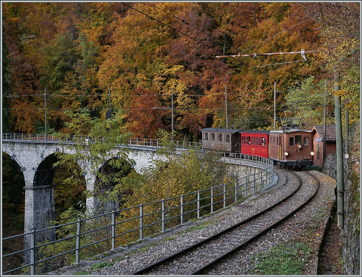  LA DER 2020 du Blonay-Chamby  / Saison Abschluss der Blonay-Chamby Bahn: Mit einem verstärkten Fahrplan und viel Dampf wird vor dem  Winterschlaf  (bzw. Arbeit im Dépôt Chaulin) nochmals viel Betrieb gemacht. Die BOB HGe 3/3 (Baujahr 1926) mit dem BOB  Kaiserwagen  C3 N° 6 (Baujahr 1901) und dem NStCM C4 N° 7 (Baujahr 1910) haben den Baye de Clarens Viadukt überquert und Vers-chez-Robert erreicht. 

24. Okt. 2020
