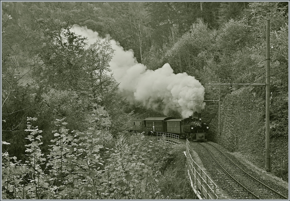  La DER 2021 du Blonay-Chamby  - Die Blonay-Chamby G 2x 2/2 105 ist ihrem Zug in der Baye de Clarnes Schlucht unterwegs und zeigt sich mit einer prächtigen Rauchfahne. Der Zug wird in Kürze Cornaux erreichen. 

30. Oktober 2021