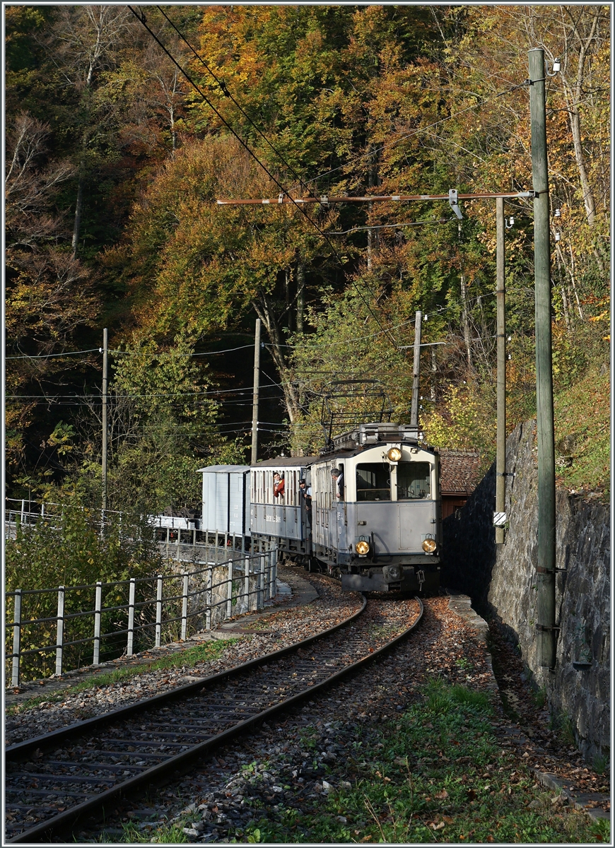  La DER de la Saison!  (Saisonabschlussfeier der Blonay-Chamby Bahn 2022): in der Baye de Clarens Schlucht ist der LLE ABFe 2/4 n° 10 bei Vers chez Robert mit einen stilreinen LEB Zug auf dem Weg nach Chaulin. 

30. Oktober 2022