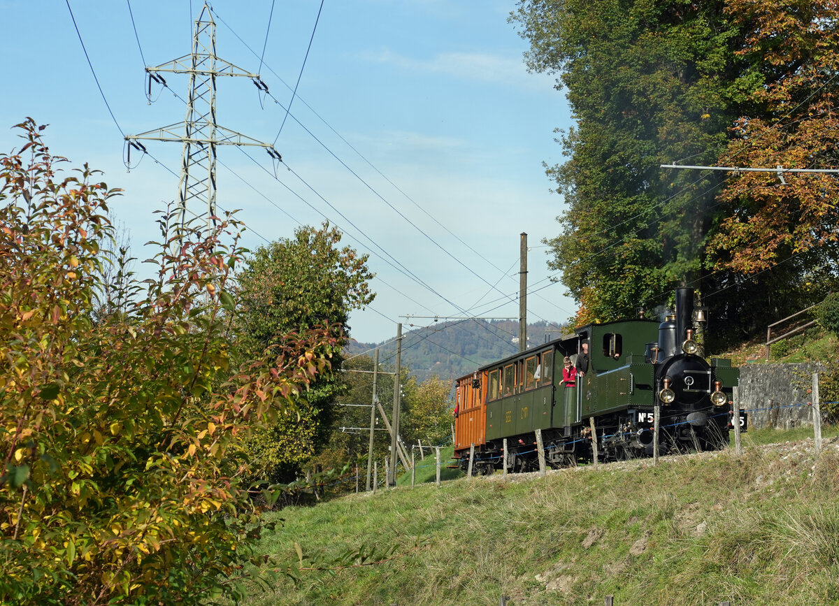  La DER de la Saison! 
 (Saisonabschlussfeier der Blonay-Chamby Bahn 2022)
Am letzten öffentlichen Betriebstag vom 30. Oktober 2022 heitzte die Museumsbahn Blonay-Chamby noch einmal tüchtig ein. Im Einsatz standen:
HG 3/4 3 mit Baujahr 1914
G 3/3 5 mit Baujahr 1890
G2 x 2/2 105 mit Baujahr 1918
Foto: Walter Ruetsch
