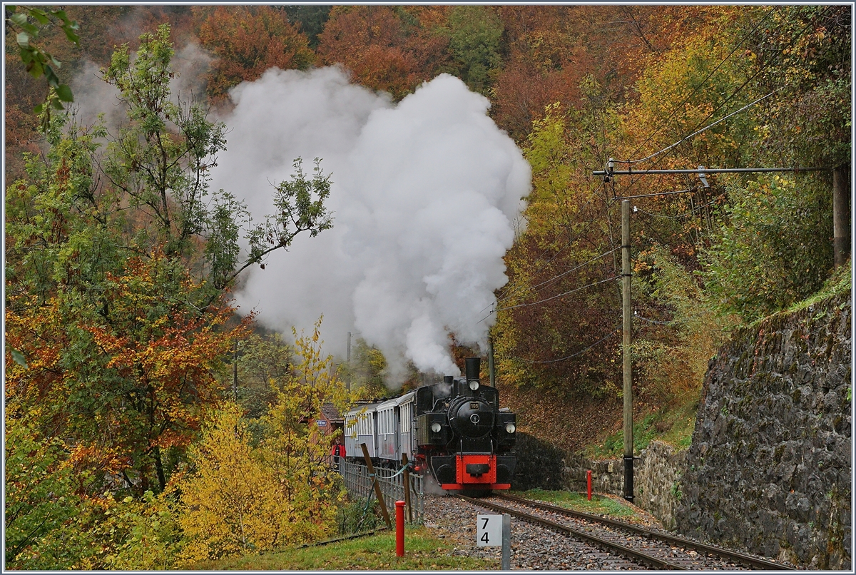 La Dernière du Blonay - Chamby - das 50. Jahre Jubiläum beschliesst die Blonay Chamby Bahn mit einer Abschlussvorstellung: Wetter ist so ein Umstand, denn man schlecht beinflussen kann, doch bei diesem Bild sorgt Regen und kühle Luft für eine perfekte Umgebung - die G 2x 2/2 105 beschleunigt nach der langsamen Überquerung der Baie de Clarens Brücke auf der ansteigen Strecken Richtung Chaulin und zaubert herrliche Rauchwolken in den bunten Herbstwald.
27. Oktober 2018