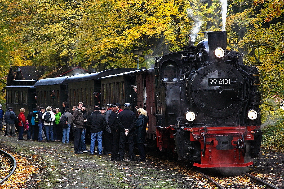 Längere Pause für die Fahrgäste des Sonderzuges der IG HSB am 19.10.2013 im haltepunkt  Steinerne Renne . Während der Zug einen Planzug und den Fotogüterzug der HSB passieren lassen muß, wird der willkommene Aufenthalt für einen kleinen Stärkungs-Snack am Verpflegungswagen genutzt.