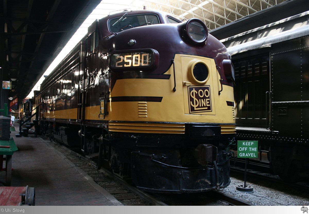Lake Superior Railroad Museum in Duluth, Minnesota / USA: EMD FP-7 SOO Line No. 2500 von 1949. Aufgenommen am 30. August 2013.