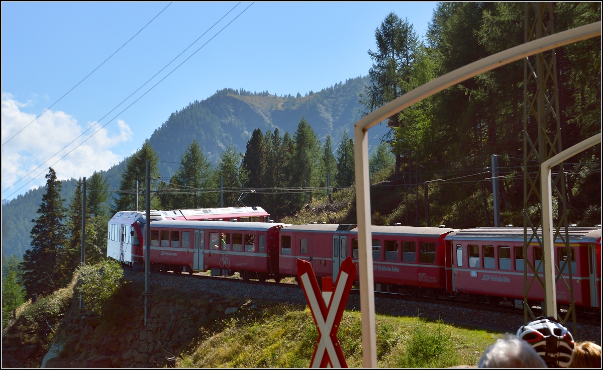Langsam aber kontinuierlich windet sich die Berninabahn den Paß empor. Zwischen Cavaglia und Alp Grüm, August 2015.