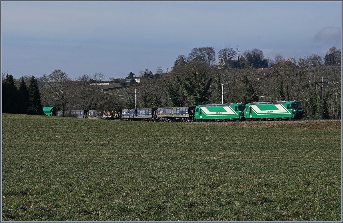 Langsam taste ich mich an die seit kurzem verkehrenden BAM MBC Schüttgut-Güterzüge heran; für heute habe ich mir die schlussendlich nicht ganz ideale Fotostelle bei Vufflens le Châteaux ausgesucht. 
Die beiden Ge 4/4 21 und 22 schleppen die sieben leeren Vierachser bergwärts. 
3. März 2017