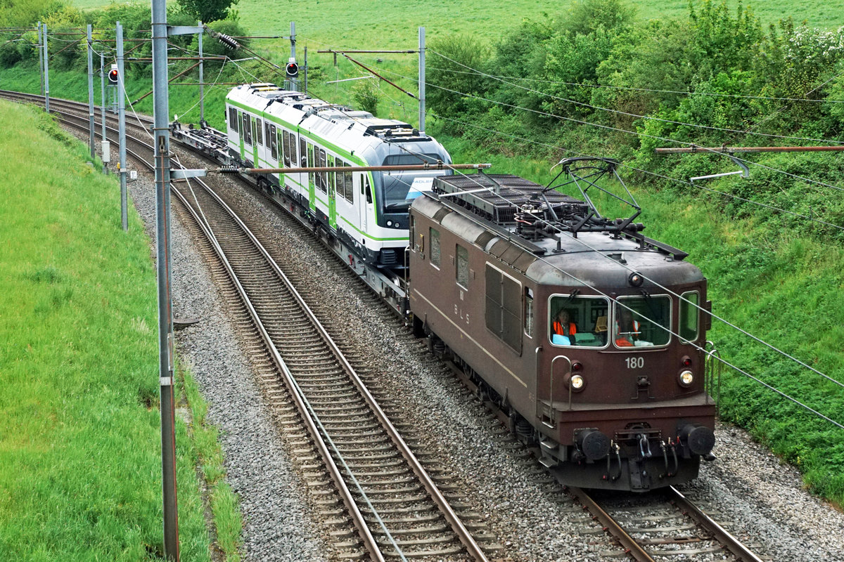 LAUSANNE - ECHALLENS - BERCHER - BAHN/LEB.
Am 28. April 2020 brachte die betagte BLS Re 425 180 aus dem Jahre 1975 den frabrikneuen LEB Be 4/8 mit Baujahr 2020 von Sulgen nach Renens.
Bei sehr schlechtem Wetter wurde die nicht alltägliche Fuhre zwischen Niederbipp und Wangen an der Aare verewigt.
Foto: Walter Ruetsch