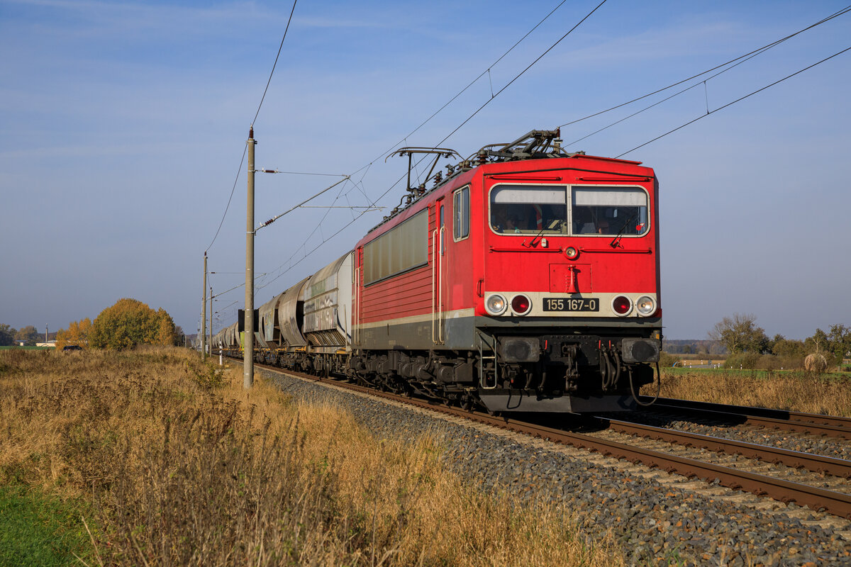 LDK 155 167 mit einem leeren Getreidezug am 26.10.2022 von Mukran nach Frankfurt Oderbrücke in Groß Kiesow aufgenommen.
