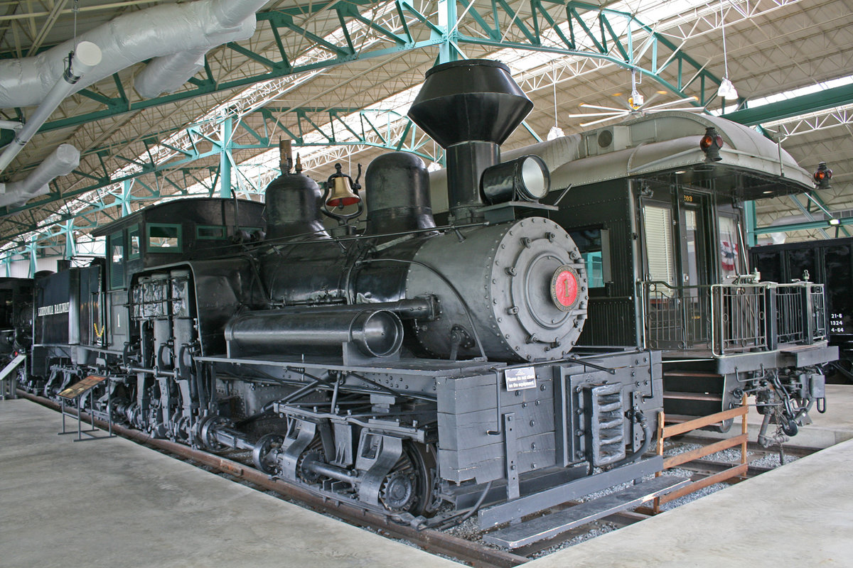 Leetonia Shay Nr. 1 gebaut 1906 bei der Lima Locomotive & Machine Co.. Ausgestellt im Railroad Museum of Pennsylvania in Strasburg, Pennsylvania / USA, 17. Mai 2018.