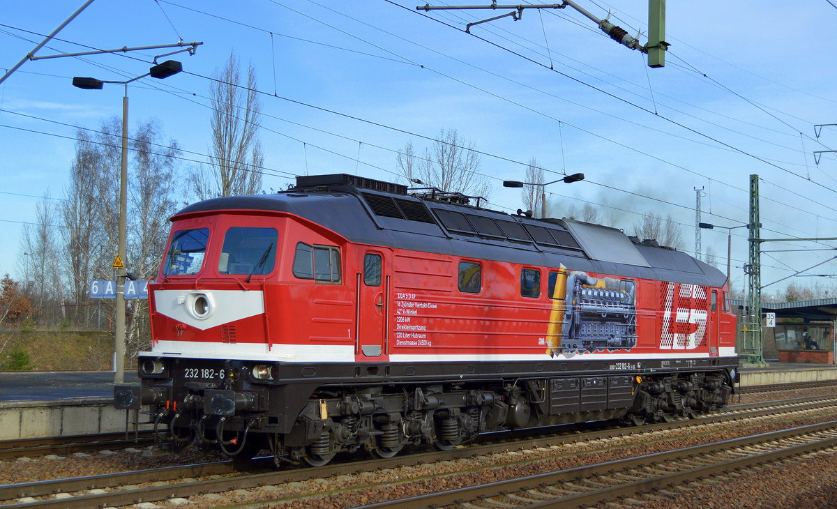 LEG - Leipziger Eisenbahnverkehrsgesellschaft mbH, Leipzig mit der wunderschön gestalteten  232 182-6  [NVR-Nummer: 92 80 1232 182-6 D-LEG] am 18.01.20 Bf. Flughafen Berlin Schönefeld.