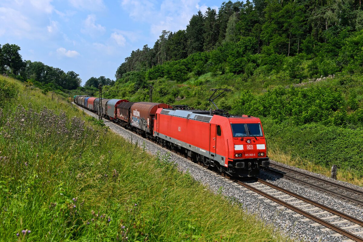 Leicht lädiert an der Front zeigte sich am 23. Juli 2021 die 185 360 von DB Cargo, als sie mit einem gemischten Güterzug in Richtung Österreich den Einschnitt bei Sinngrün durchfuhr.