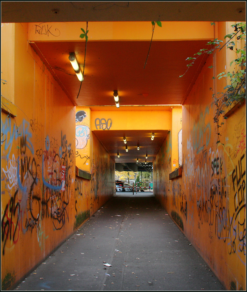 Leidender Fußgängertunnel - 

Während Horst die Zeit in einem Café im Zentrum von Düsseldorf-Benrath überbrückte machte ich mich auf den Weg in mein Hotel um meine EOS 450 zu holen, da bei meiner G7X Mark II die Akkus leer waren. Wohl hat ich vergessen den Ersatzakku zu laden. Auf dem Rückweg nutzte ich die Gelegenheit, die etwas heruntergekommen aber dennoch irgendwie zum Fotomotiv geeignete Unterführung unter den Bahngleisen nördlich des Bahnhofes Benrath zu fotografieren.

14.10.2019 (M)