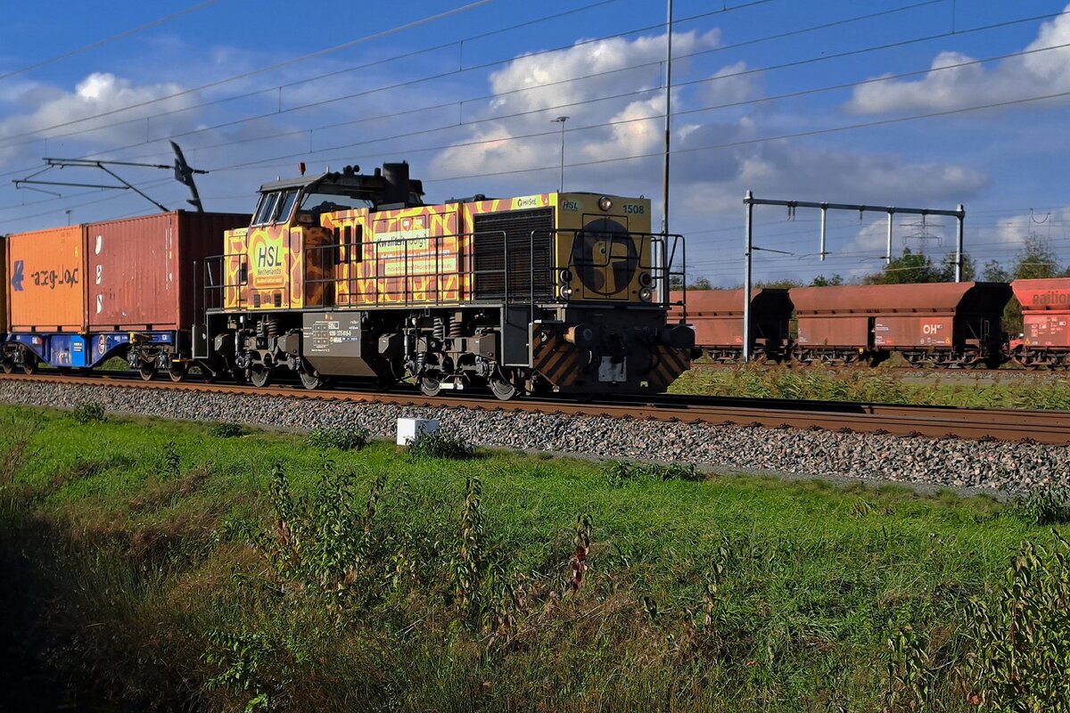 Leider wurde es wegen Pannen an der Fotokamera n�r ein Notschuss vons Handy am 4 Oktober 2026 bei Valburg von HSL 1508  HaSeL  der 2025 dieses Giraffendesign bekommen hat. Normalerweise ist dieser Lok mit Rangierfahrten aktiv ins Hafenrevier von Rotterdam;  ein Fahrt  ins Wilden  ist f�r der 1508 rar. 
