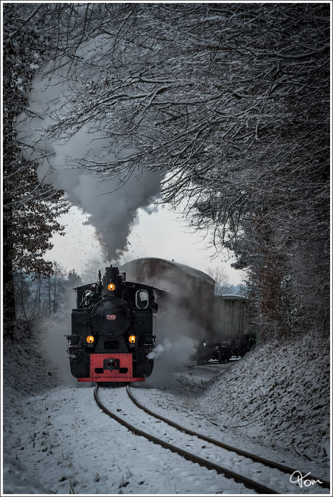 Leise rieselt der Schnee, wenn Maxl hebt den Regler in die Höh - Dampflok 764.411R der Stainzerbahn fährt mit einem Güterzug von Preding nach Stainz, aufgenommen in den Wäldern nahe Mannegg.
16.12.2018