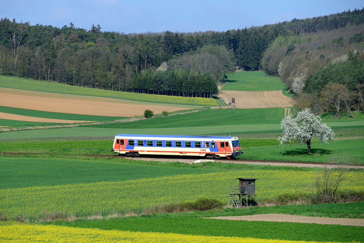 Letzte verbliebene Nebenbahn mit Personenverkehr im Waldviertel ist die Kamptalbahn von Sigmundsherberg nach Hadersdorf am Kamp. Am 20. April 2016 war dort erfreulicherweise der noch im ursprünglichen Farbschema befindliche 5047.023 im Einsatz. Bei Breiteneich konnte ich den Triebwagen auf seiner Fahrt als R 6314 nach Horn aufnehmen. Das Frühjahr ist im Waldviertel eingekehrt, langsam entfaltet die Natur ihre Blütenpracht. Die größtenteils unberührte Landschaft mit ihrer Artenvielfalt lädt zur Jagd ein, wie die drei auf dem Bild befindlichen Jägerstände beweisen.