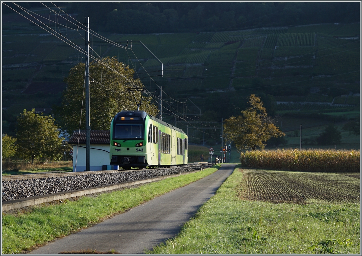 Licht- und Schattenspiel: aus dem schon sonnigen Rohnetal nähert sich der TPC Beh 2/6 543  La Cathedral  dem Halt Villy, der noch im Schatten der hohen Berge liegt. 

11. Oktober 2021