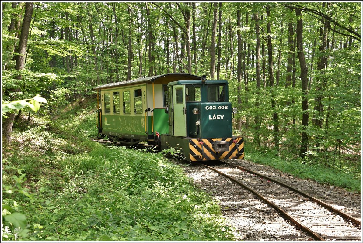 Lillafüredi Állami Erdei Vasút (LÁEV). C50 C02-408 und Salonwagen 33 auf der Fahrt von Mahoca zurück nach Papírgyár. (13.06.2018)