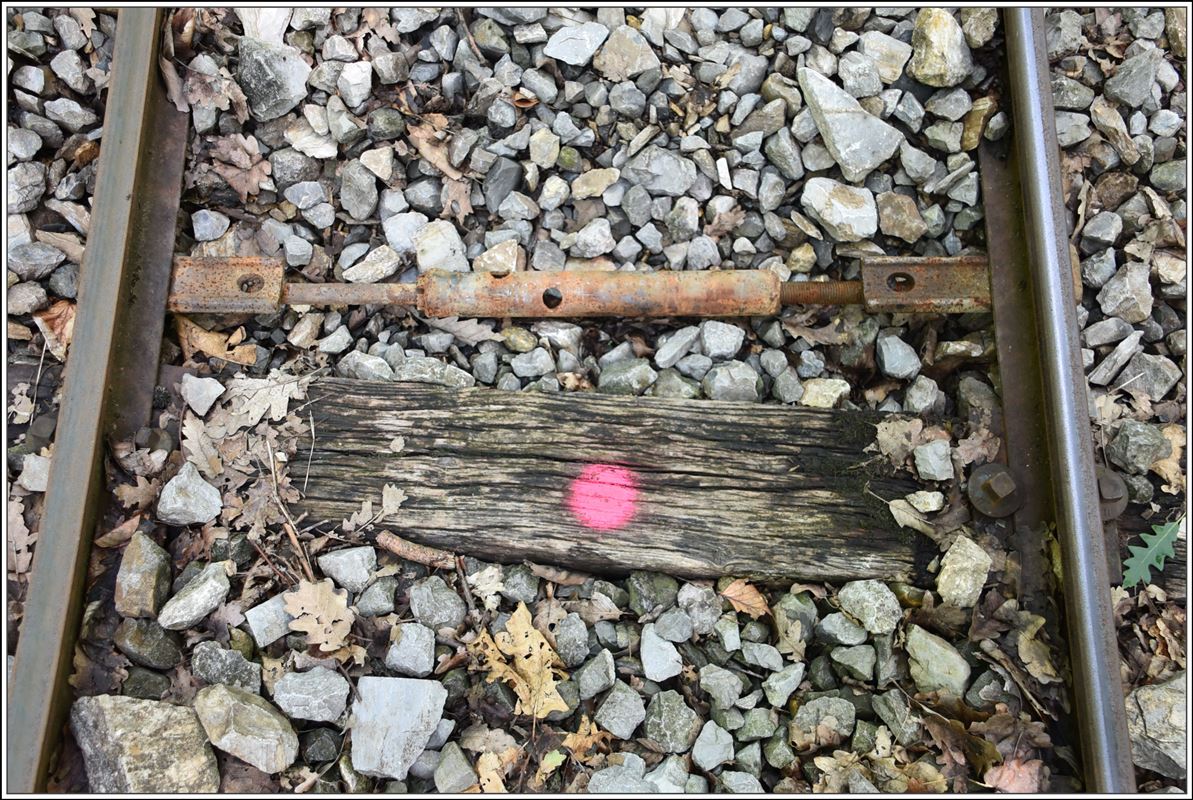 Lillafüredi Állami Erdei Vasút (LÁEV). Auf der Linie nach Mahoca findet man einige dieser Spurhalter und viele markierte Schwellen zum auswechseln. (13.06.2018)
