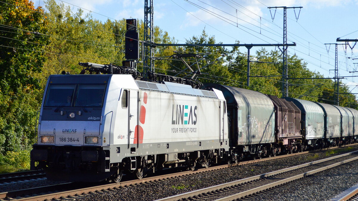 LINEAS Group NV/SA, Bruxelles [B] mit  186 384-4  [NVR-Nummer: 91 80 6186 384-4 D-AKIEM] und gemischtem Güterzug am 13.10.21 Durchfahrt Bf. Golm (Potsdam).