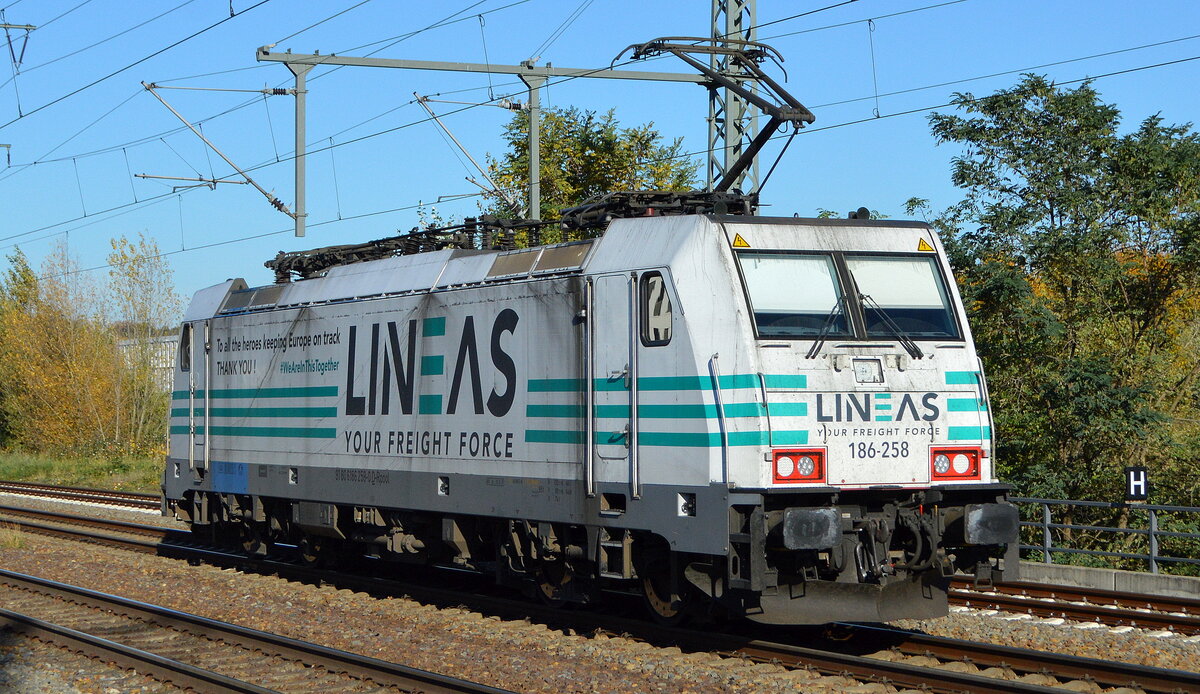 LINEAS Group NV/SA, Bruxelles [B] mit der Railpool Lok  186-258  [NVR-Nummer: 91 80 6186 258-0 D-Rpool] am 28.10.21 Durchfahrt Bf. Golm (Potsdam).