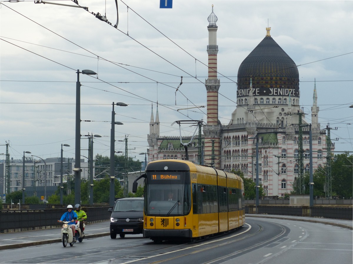 Linie 11 nach Bühlau, begleitet von einer Schwalbe mit der Yenidze im Hintergrund am 29.6.2014, Dresden