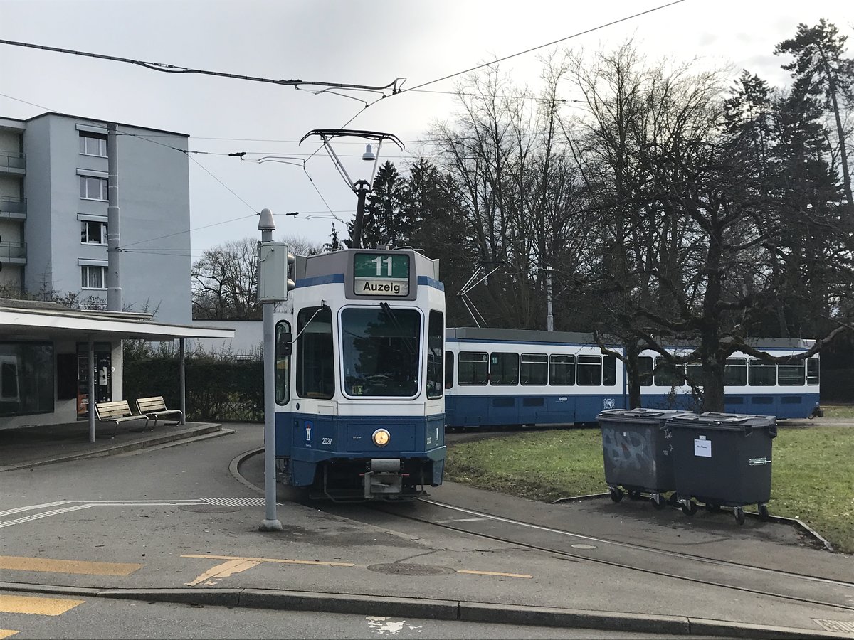 Linie 11 Wagennummer 2037 „Oberstrass“ an der Endhaltestelle Rehalp. Datum: 4. 2. 2021