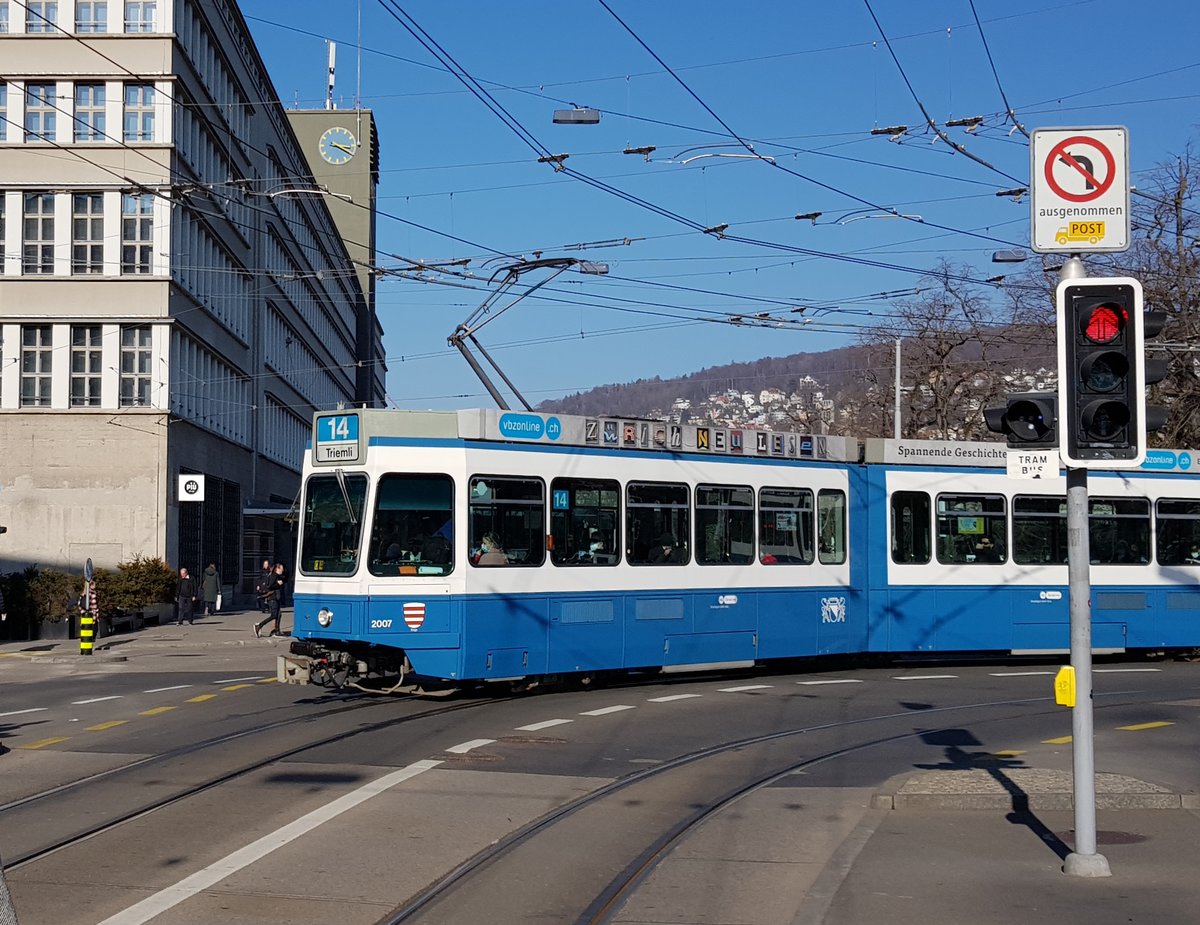 Linie 14 Wagennummer 2007  Enge  bei der Sihlpost. Datum: 27. 2. 2021