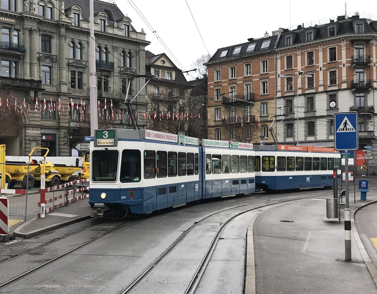Linie 3 Wagennummer 2041 „Hottingen“ beim Römerhof. Datum: 5. 12. 2020