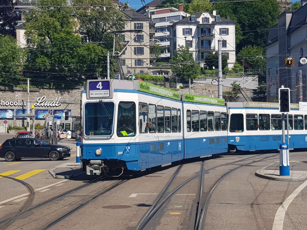Linie 4 Wagennummer 2006  Fluntern  beim Central. Datum: 5. 5. 2021