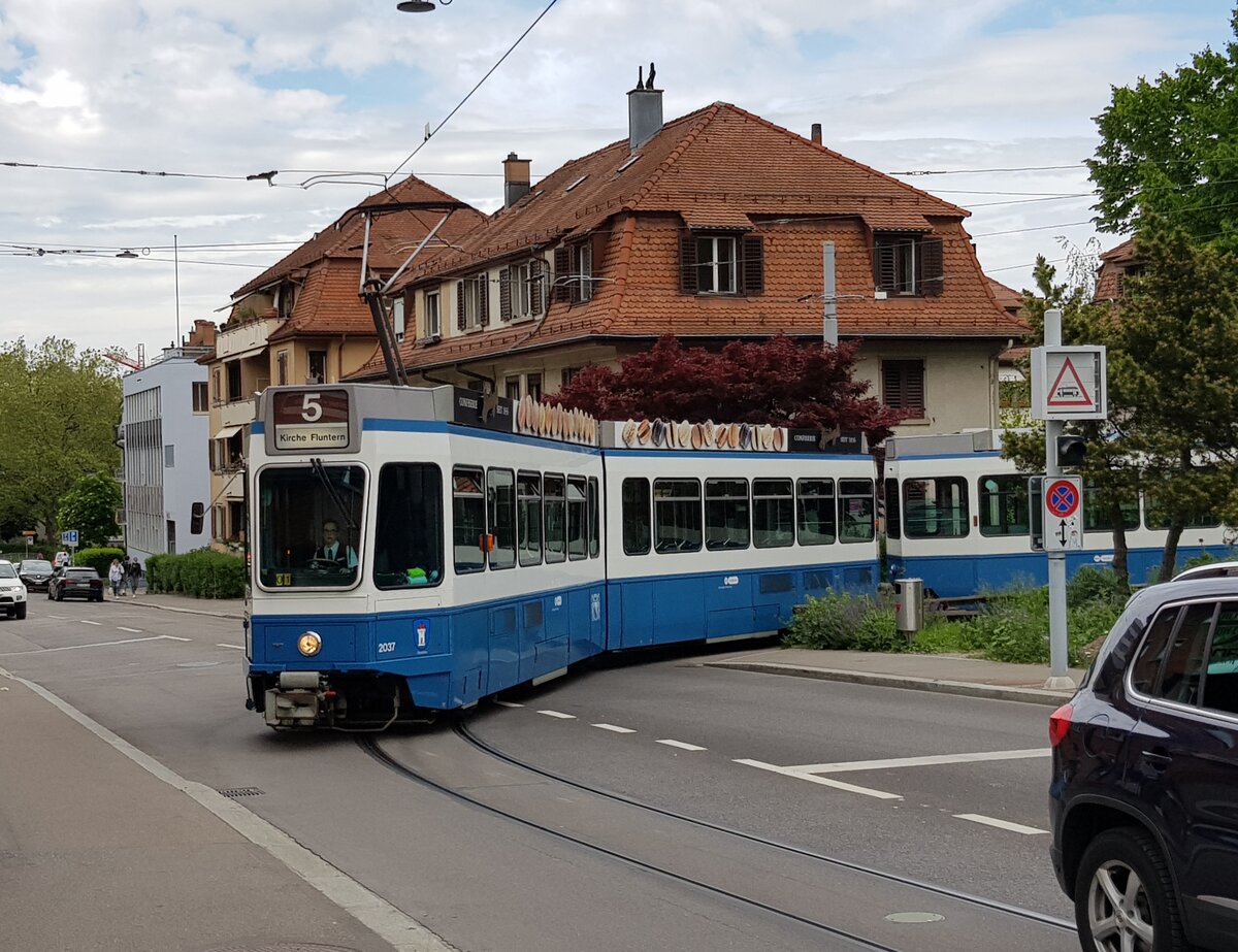 Linie 5 Wagennummer 2037  Oberstrass  in der Wendeschleife Laubegg. Datum: 22. 5. 2021