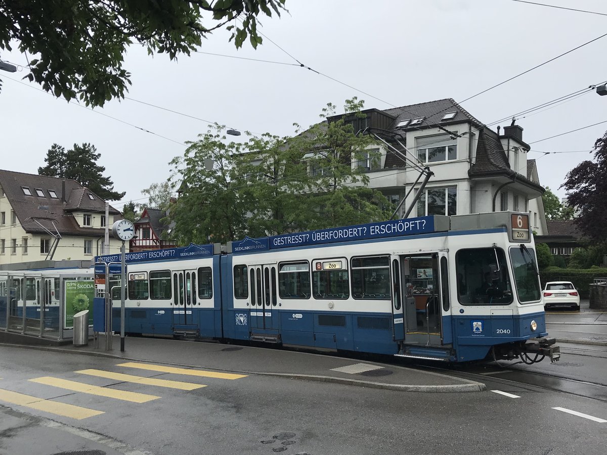 Linie 6 2040  Rechts der Limmat  am Toblerplatz. Es verkehren wieder vermehrt Tram 2000 auf der Linie 6. Datum: 1. 6. 2020