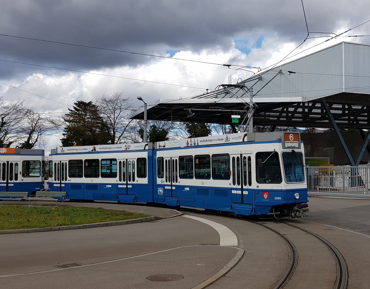 Linie 6 Wagennummer 2080  Schwamendingen  in der Wendeschleife Werdhölzli. Datum: 9. 3. 2021