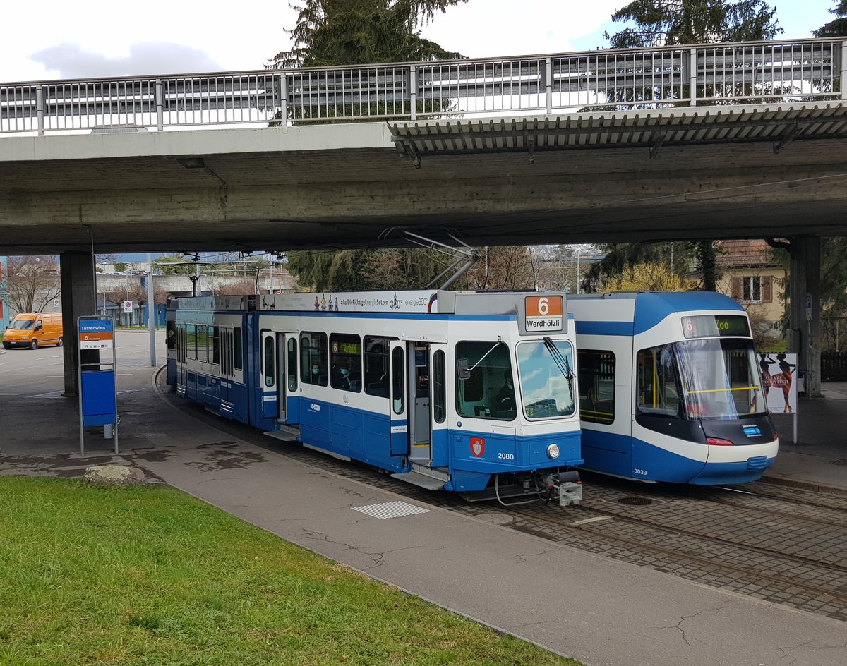 Linie 6 Wagennummer 2080  Schwamendingen  an der Haltestelle Tüffenwies. Datum: 9. 3. 2021