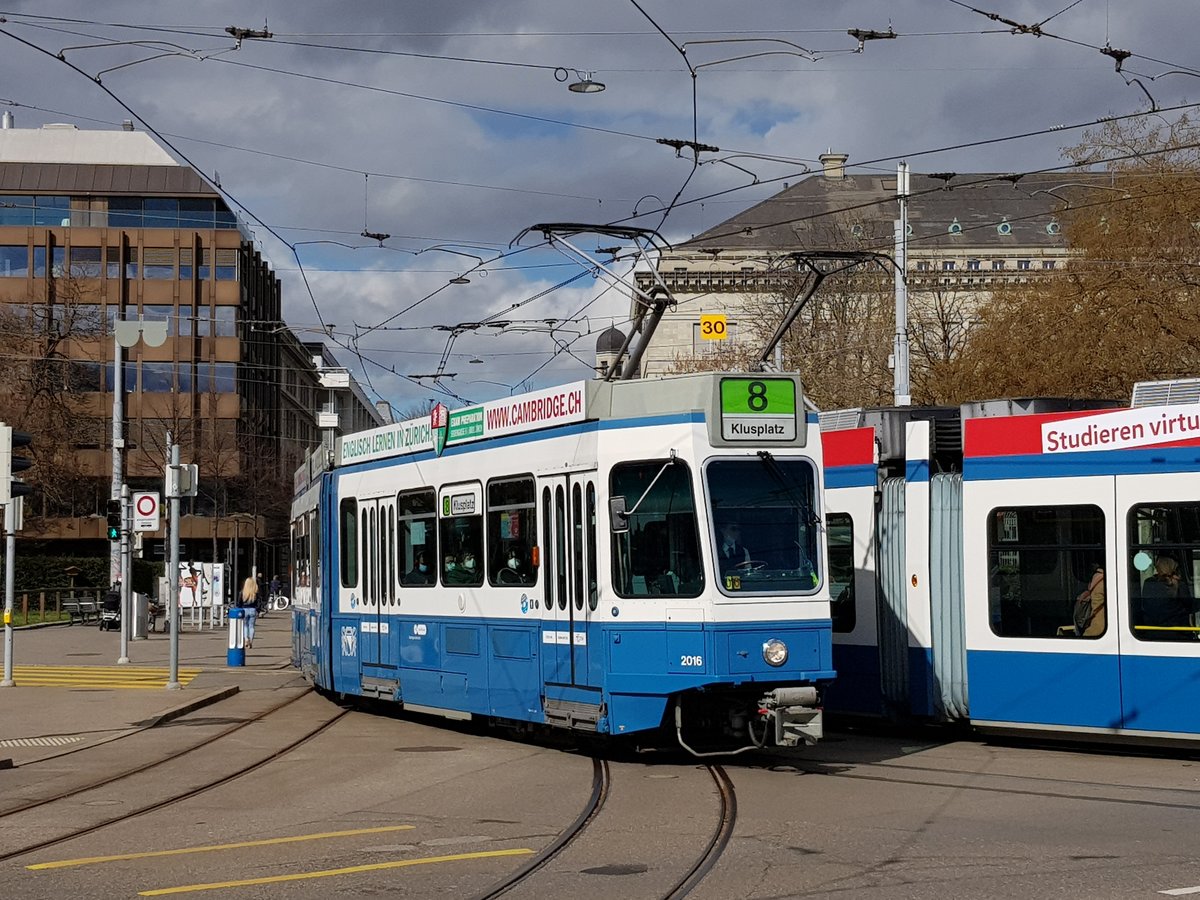 Linie 8 Wagennummer 2016 beim Bürkliplatz. Datum: 9. 3. 2021