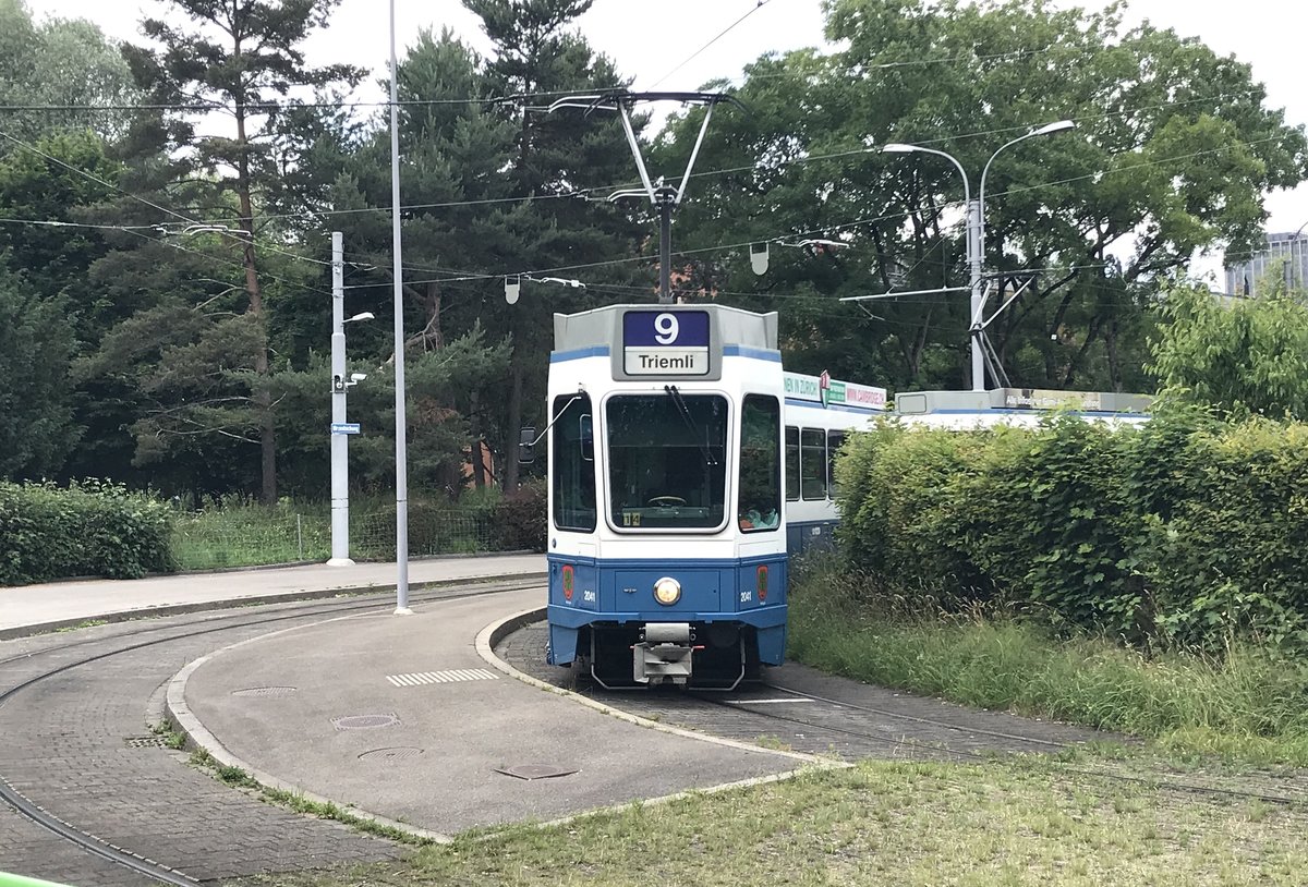 Linie 9 Wagennummer 2041  Hottingen  an der Endhaltestelle Hirzenbach. Datum: 8. 6. 2020