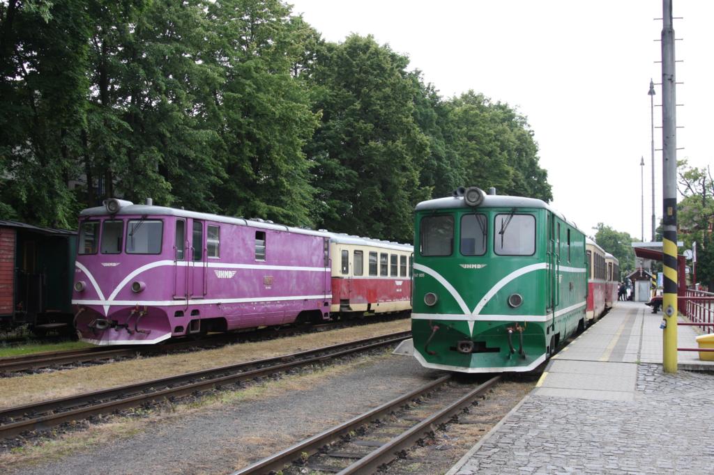 Links steht die TU 47019 mit dem Personenzug nach Nova Bystrice und rechts steht TU 47004 mit dem Personenzug nach Obratan am 13.06.2016 im Bahnhof Jindrichuv Hradec bereit.